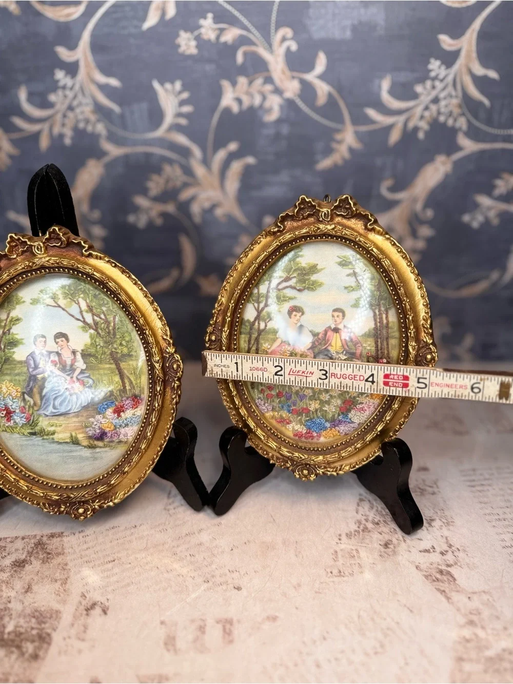 Vintage Courting Couple Silk Embroidery Convex Glass Wall Art Set 2